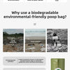 A roll of biodegradable dog waste bags with a dispenser shown next to various environmental pollution concepts.