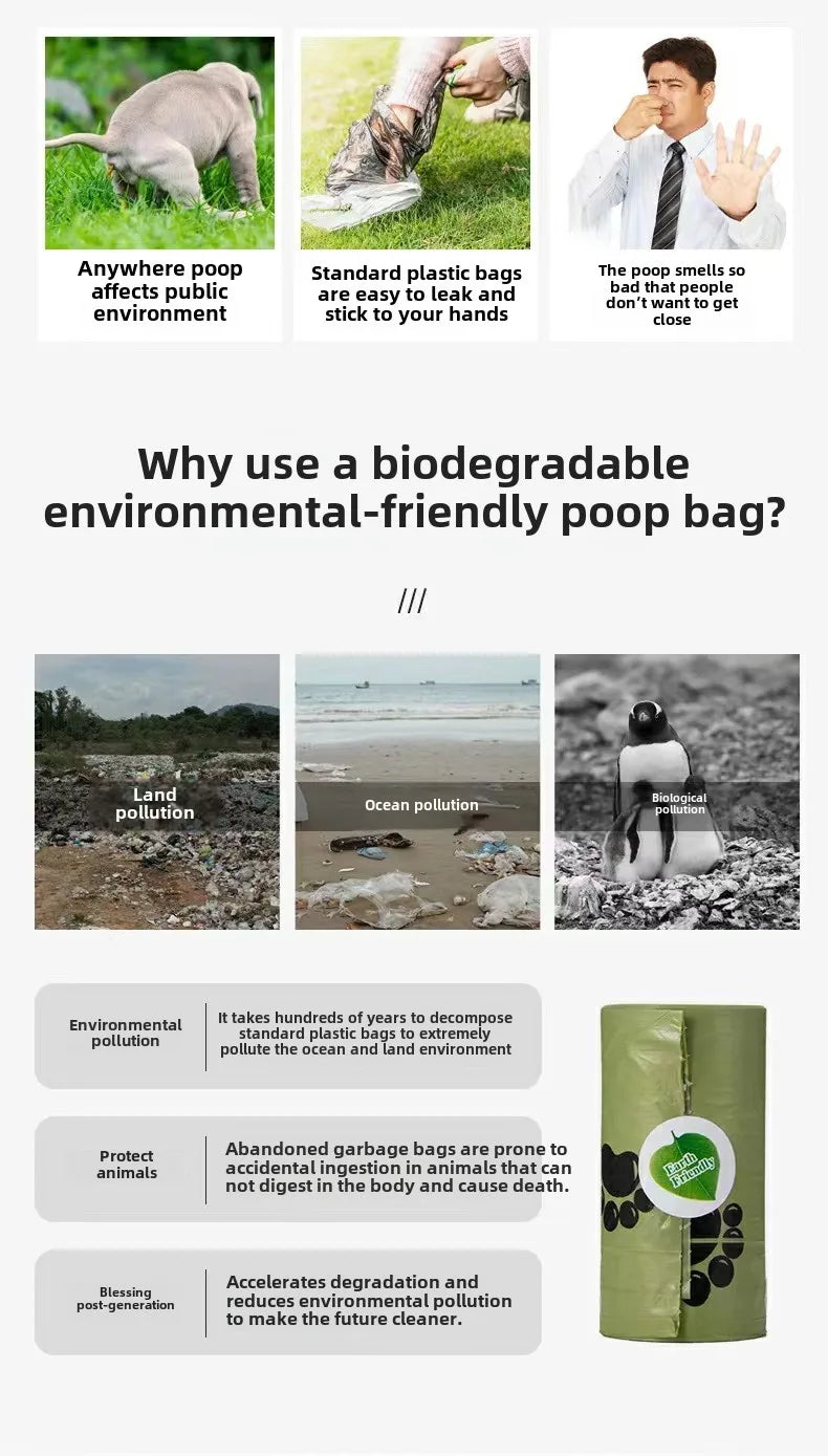 A roll of biodegradable dog waste bags with a dispenser shown next to various environmental pollution concepts.