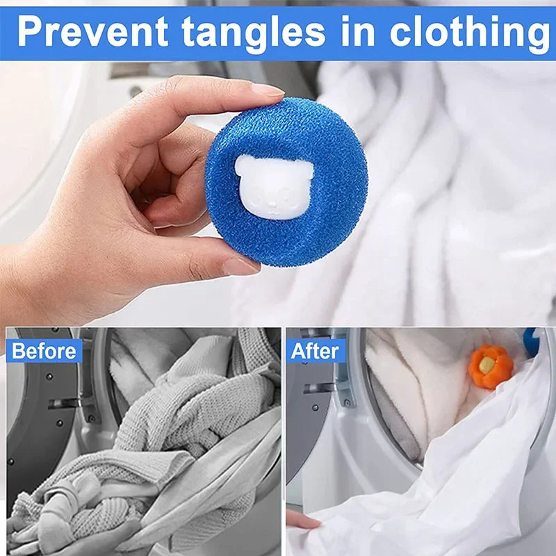 A hand holds a blue lint removal ball, demonstrating how to prevent tangles in clothing.