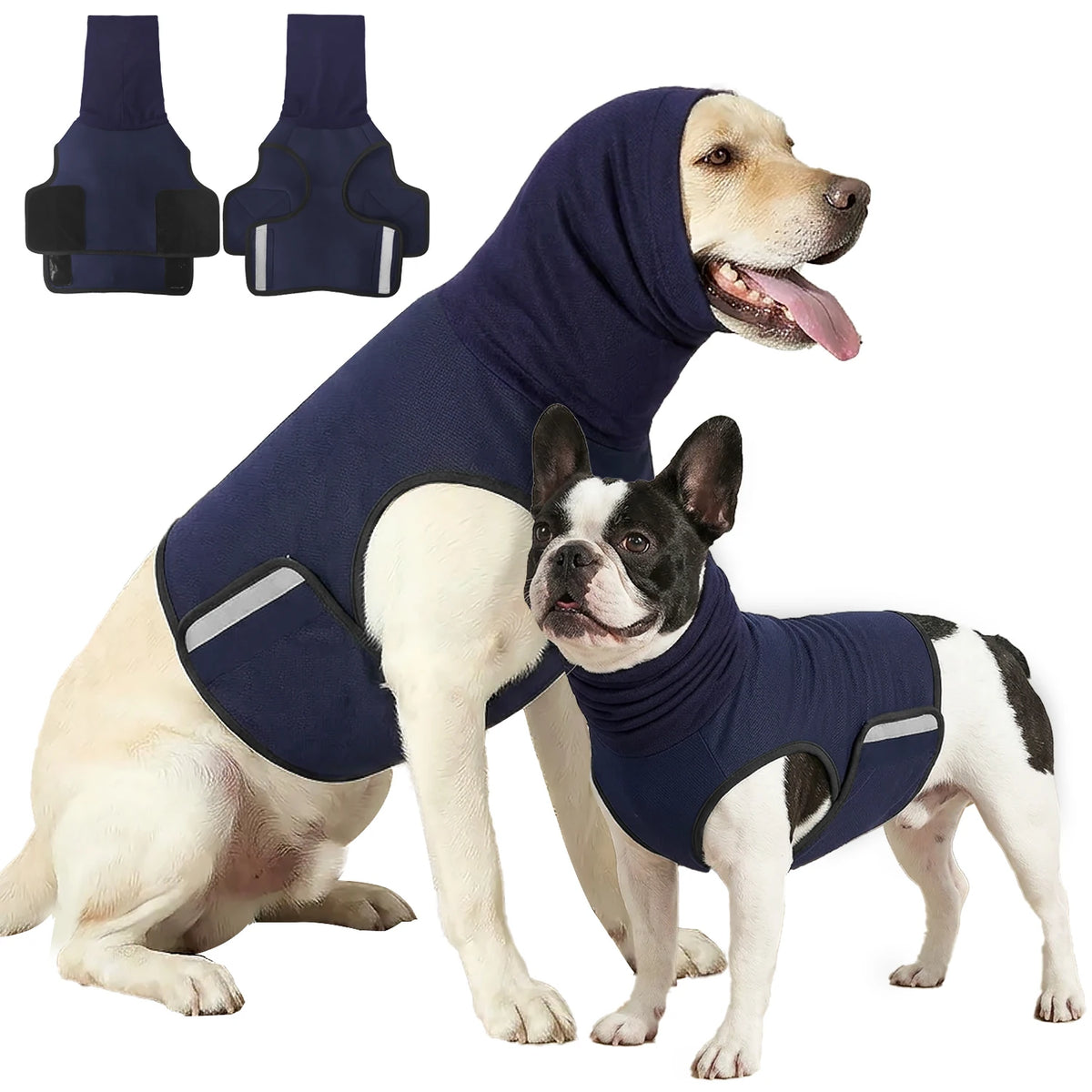 A dog wearing a navy blue calming anxiety vest, shown alongside the vest itself.