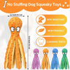 A collection of orange, purple, yellow, blue, and green squeaky plush toys for dogs and cats.