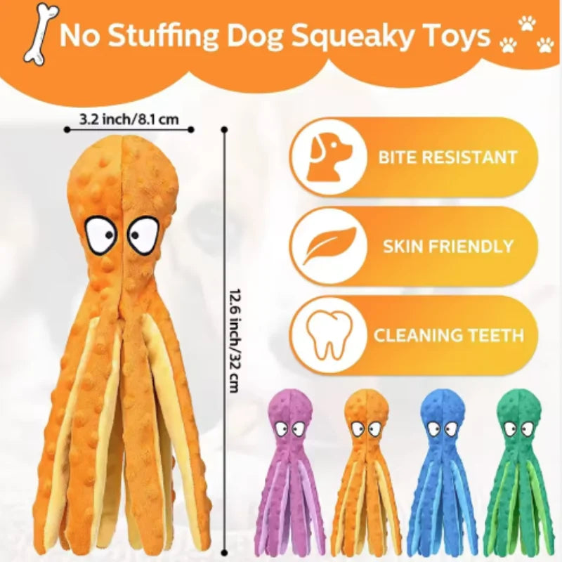 A collection of orange, purple, yellow, blue, and green squeaky plush toys for dogs and cats.