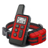 A black and red rechargeable dog training collar with a remote control is shown on a white background.