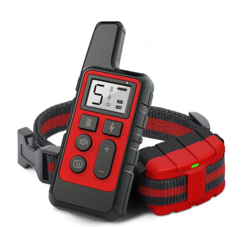 A black and red rechargeable dog training collar with a remote control is shown on a white background.