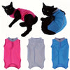 A set of pink, gray, and blue comfortable adjustable cat recovery suits for pets.