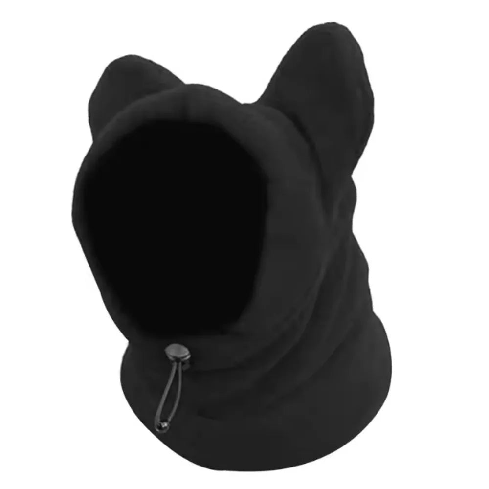 A black adjustable fleece dog winter hat with floppy ears.