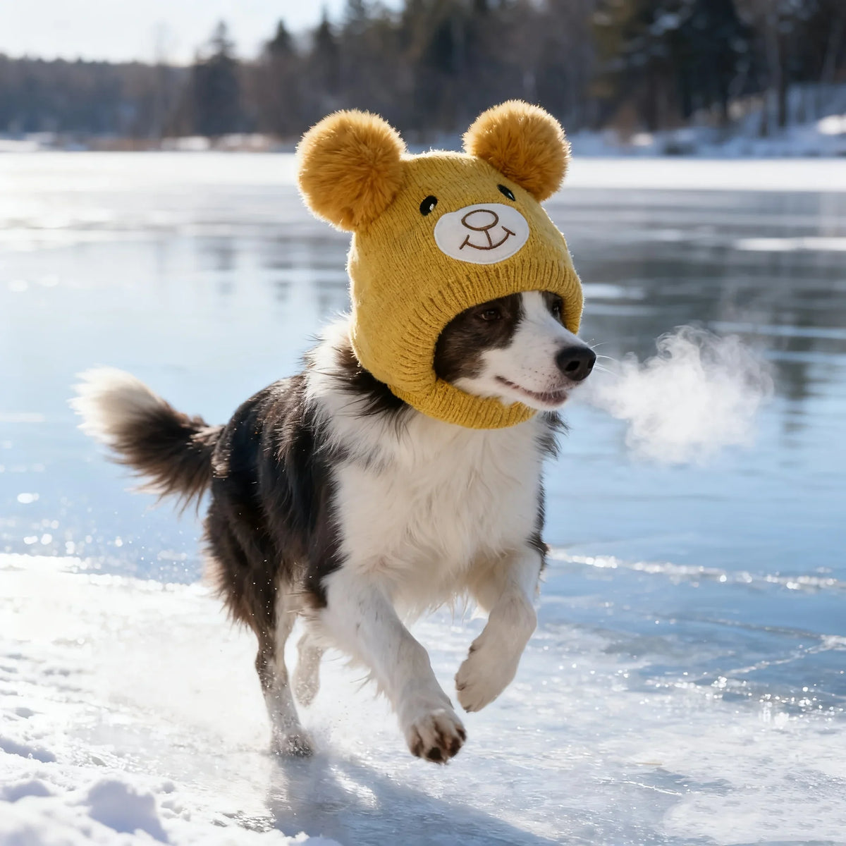 A dog wearing a yellow knitted hat with bear ears is running on ice in a snowy outdoor setting.