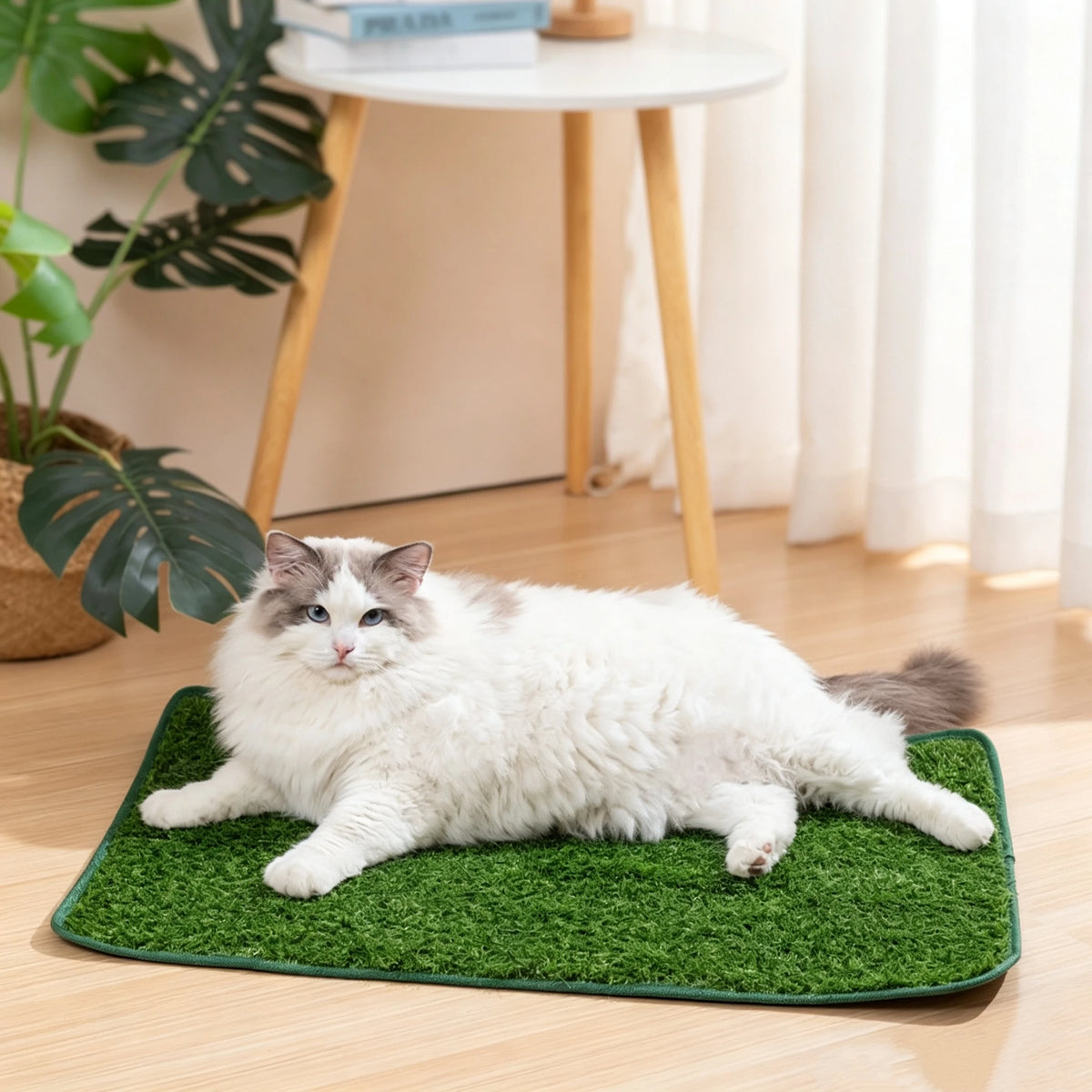 Ein flauschiger weiß-grauer Kater liegt auf einer grünen Kunstgrashundekotmatte drinnen.