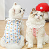A white dog wearing a blue and yellow cartoon print vest with a lace collar sits next to a fluffy cat.