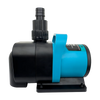 A black submersible water pump with a blue housing and a clear nozzle, resting on a flat base.