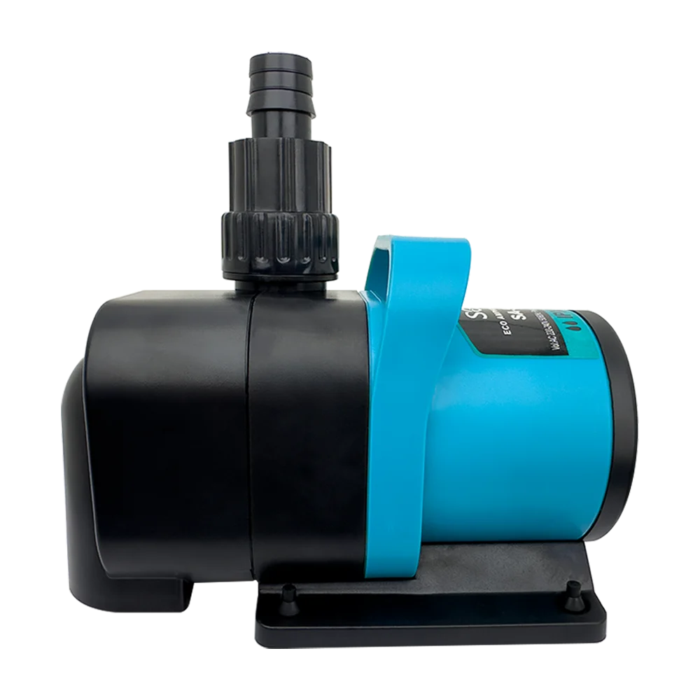 A black submersible water pump with a blue housing and a clear nozzle, resting on a flat base.