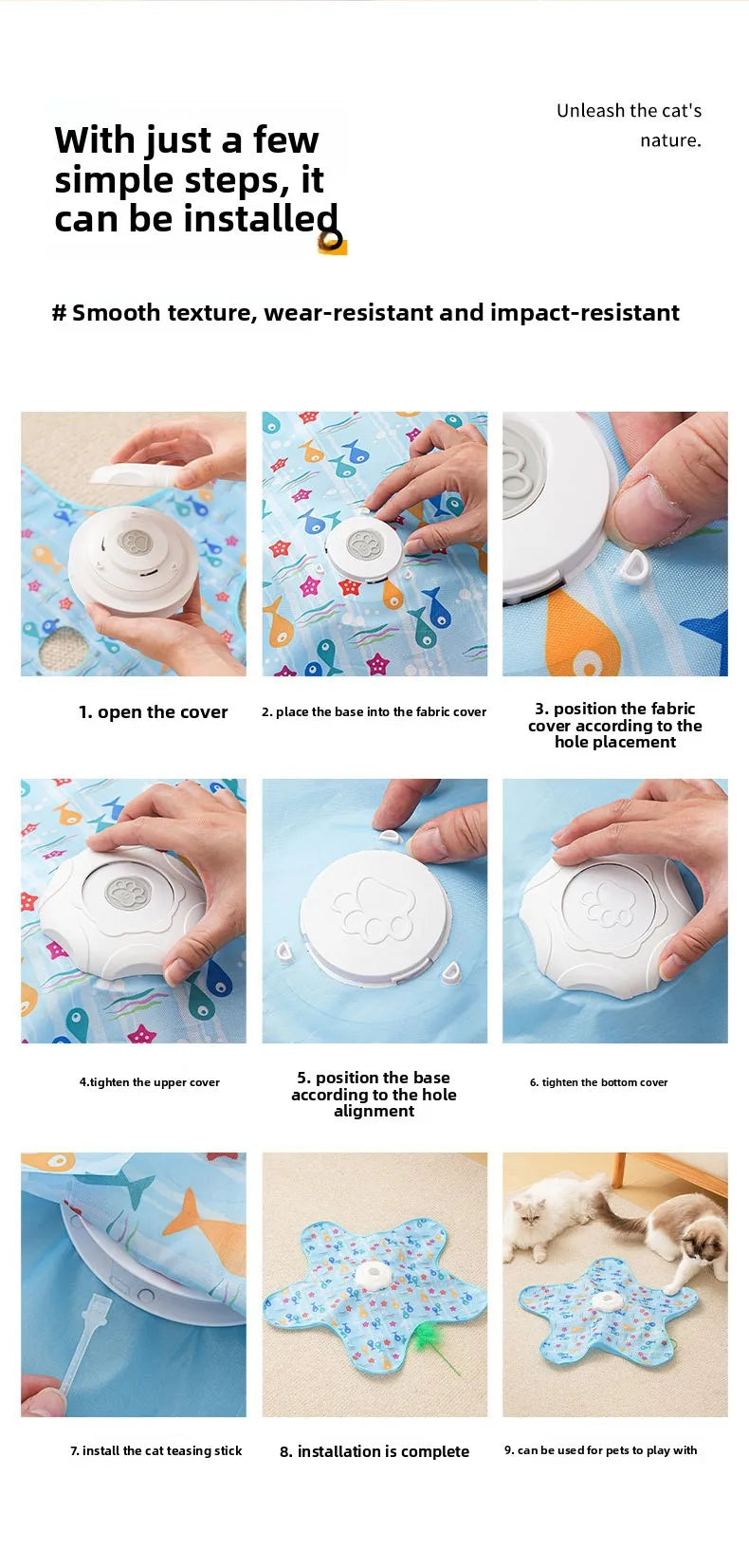 Instructions show how to install an interactive cat teaser toy by opening, placing, and tightening the fabric cover.