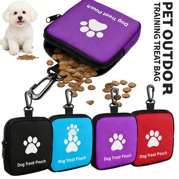 A set of purple, black, and blue dog treat pouches with clips for training and walks.