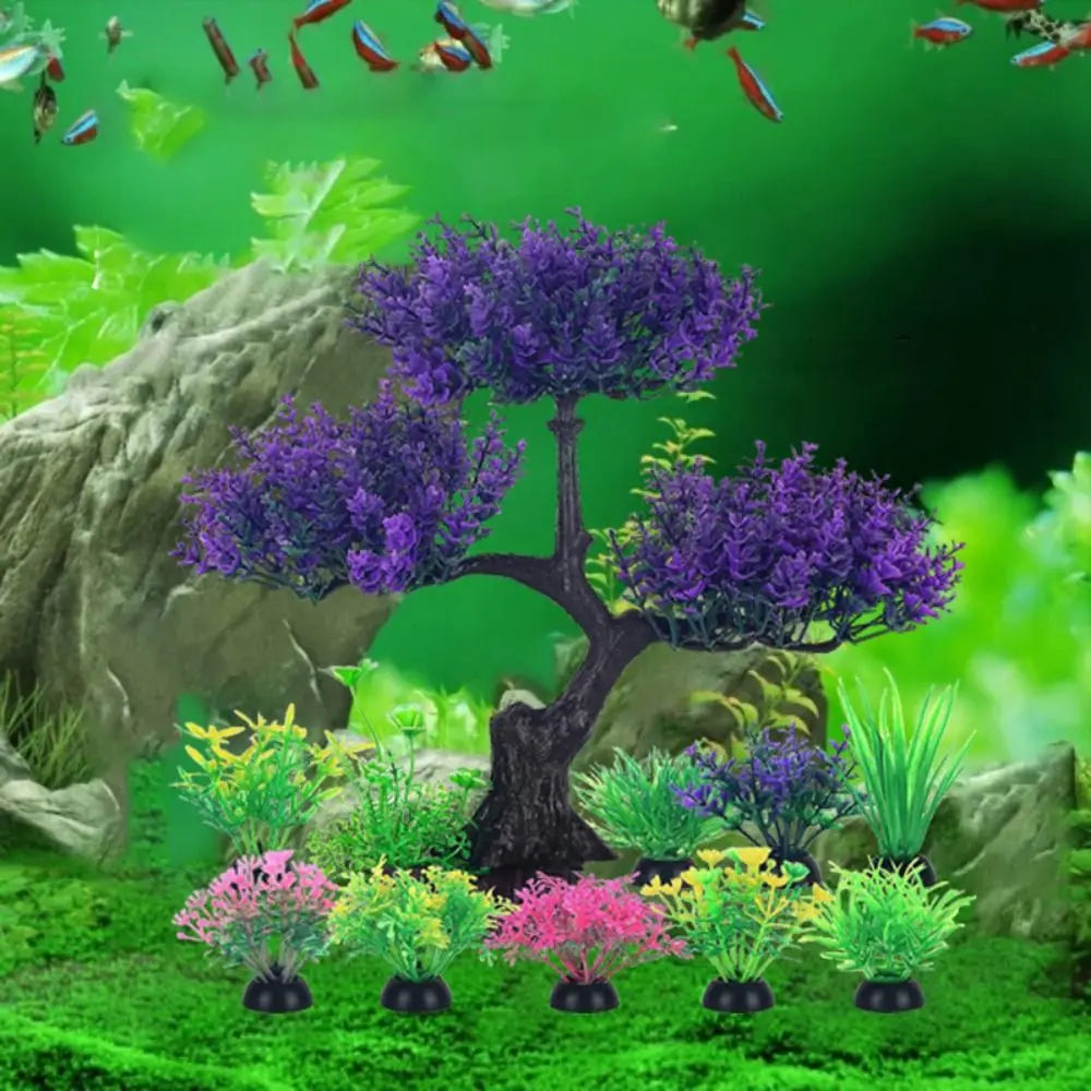 Una vibrante exhibición de plantas acuáticas artificiales, con follaje morado y rosa, sobre un fondo verde.