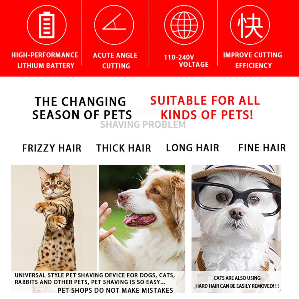 A set of professional pet hair clippers and grooming kit designed for various pets like dogs, cats, and rabbits.