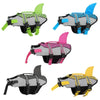 A collection of dog swimming life jackets in various colors and patterns for medium to large breeds.