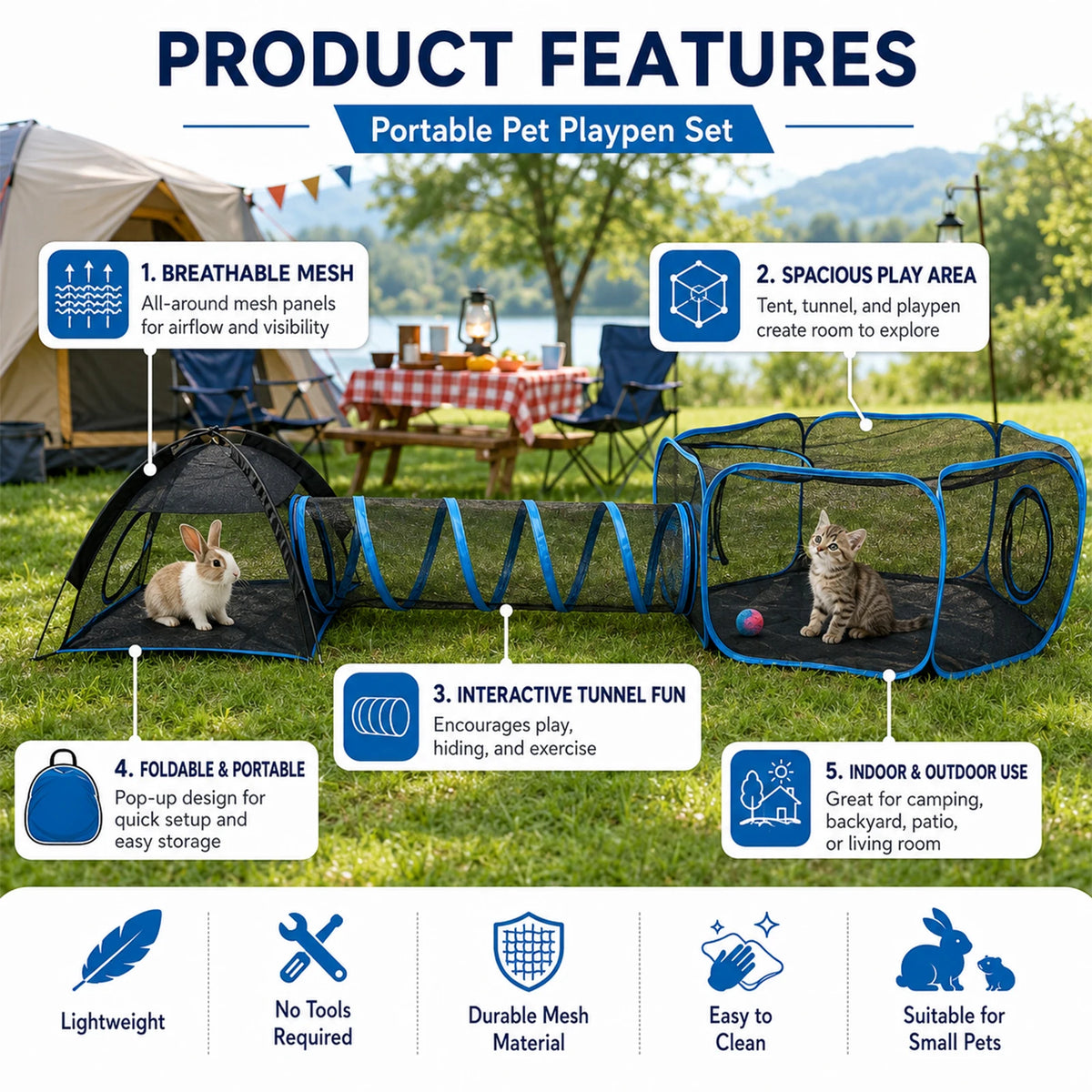A portable pet playpen set featuring breathable mesh, an interactive tunnel, and a foldable design for small pets.