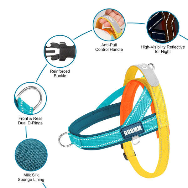 A yellow dog harness with blue and orange straps, featuring a reinforced buckle and milk silk sponge lining.