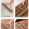 Four images showing a 2-in-1 pet hair remover and fabric shaver used for sweater, clothing, carpet, and pet hair cleaning.