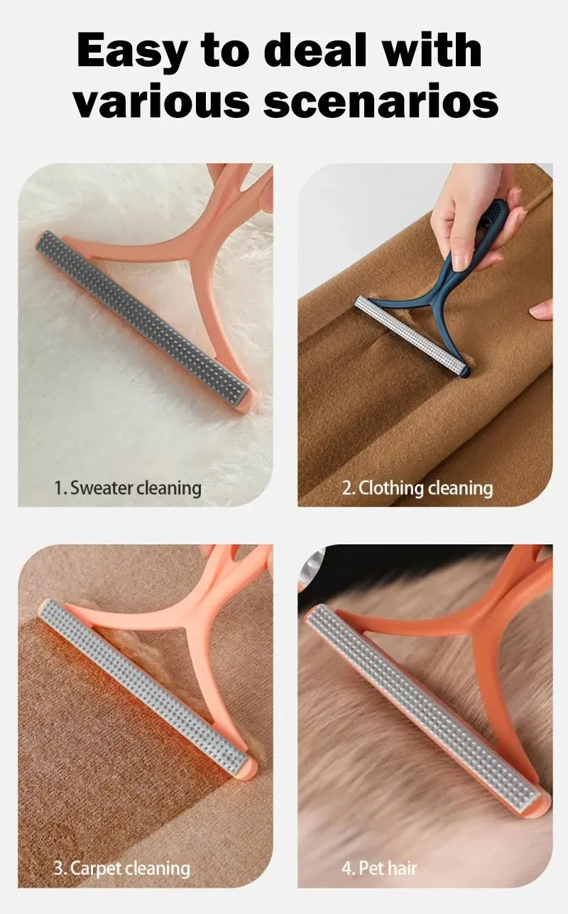 Four images showing a 2-in-1 pet hair remover and fabric shaver used for sweater, clothing, carpet, and pet hair cleaning.