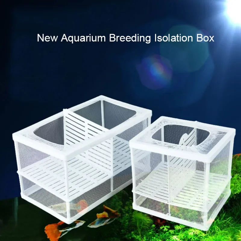 A white aquarium breeding isolation box with a mesh design is shown on green foliage.