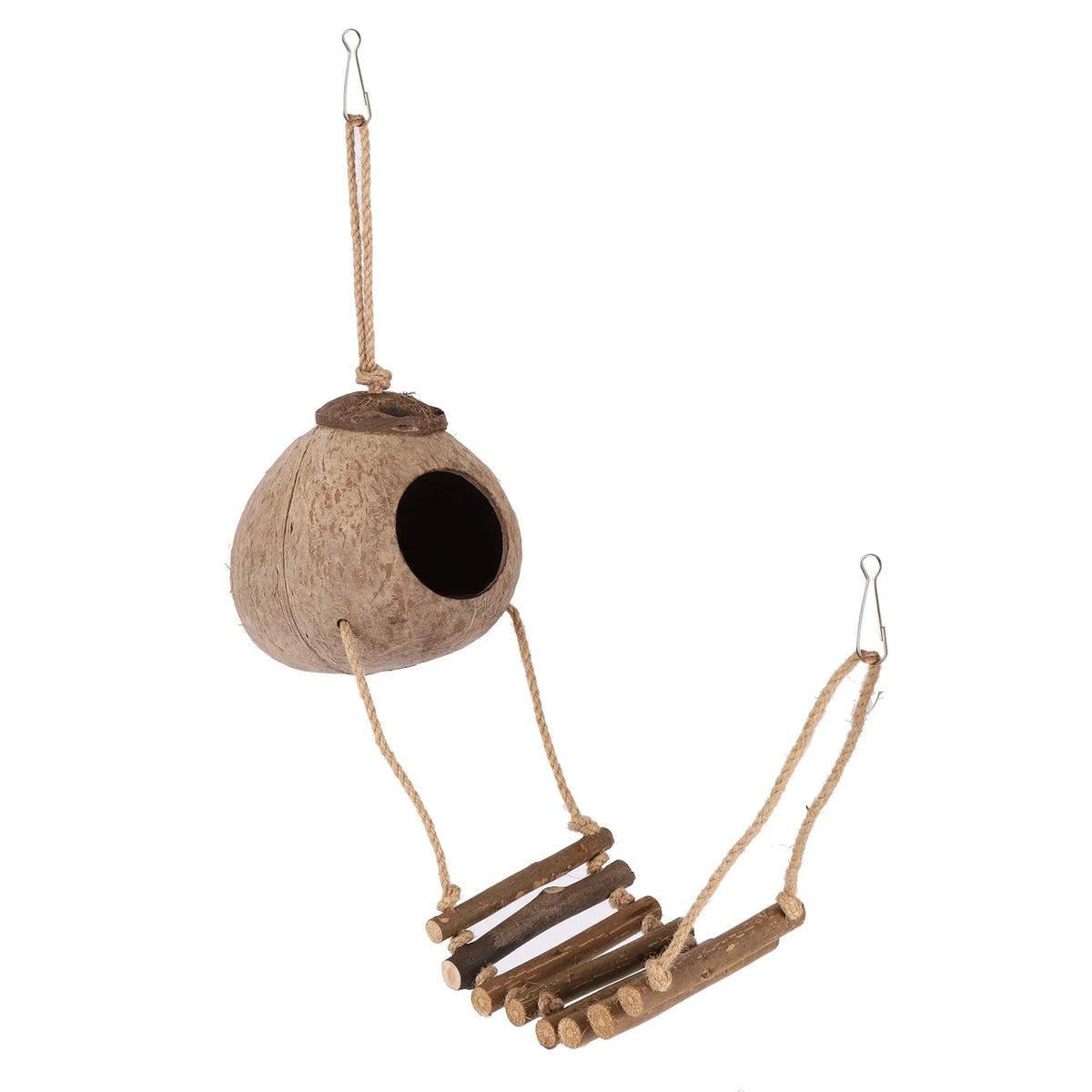 Natürlicher Kokosnussschalen-Vogelnest mit Kletterleiter aus Holz und Schnur.