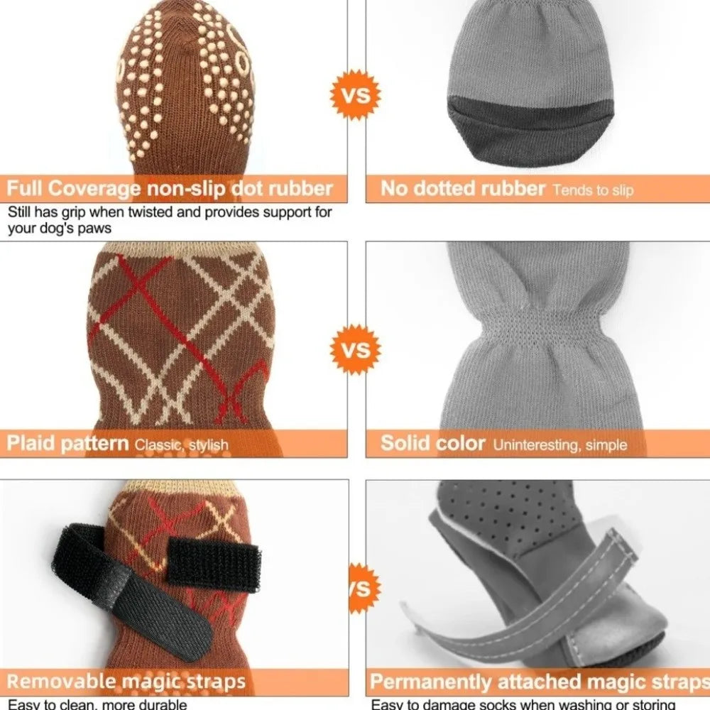 Comparison of non-slip dot rubber and solid color knitted dog socks with plaid pattern and removable magic straps