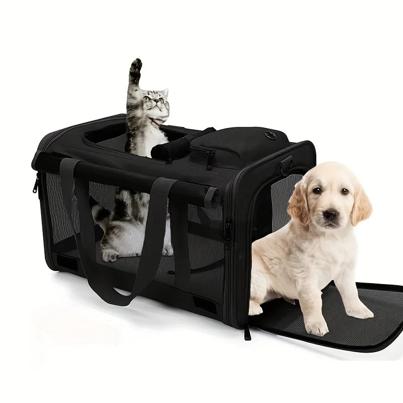Schwarzer Softshell-Transport für Haustiere mit einer Katze und einem Welpen drinnen