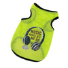 Neon yellow breathable mesh pet vest with a black headphone cartoon print