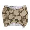 A beige and brown patterned washable belly band for a male dog