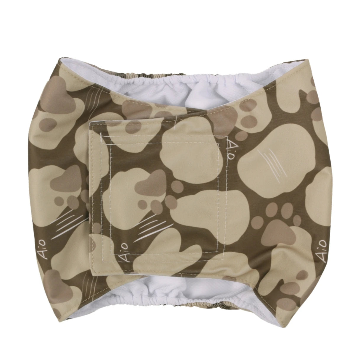 A beige and brown patterned washable belly band for a male dog