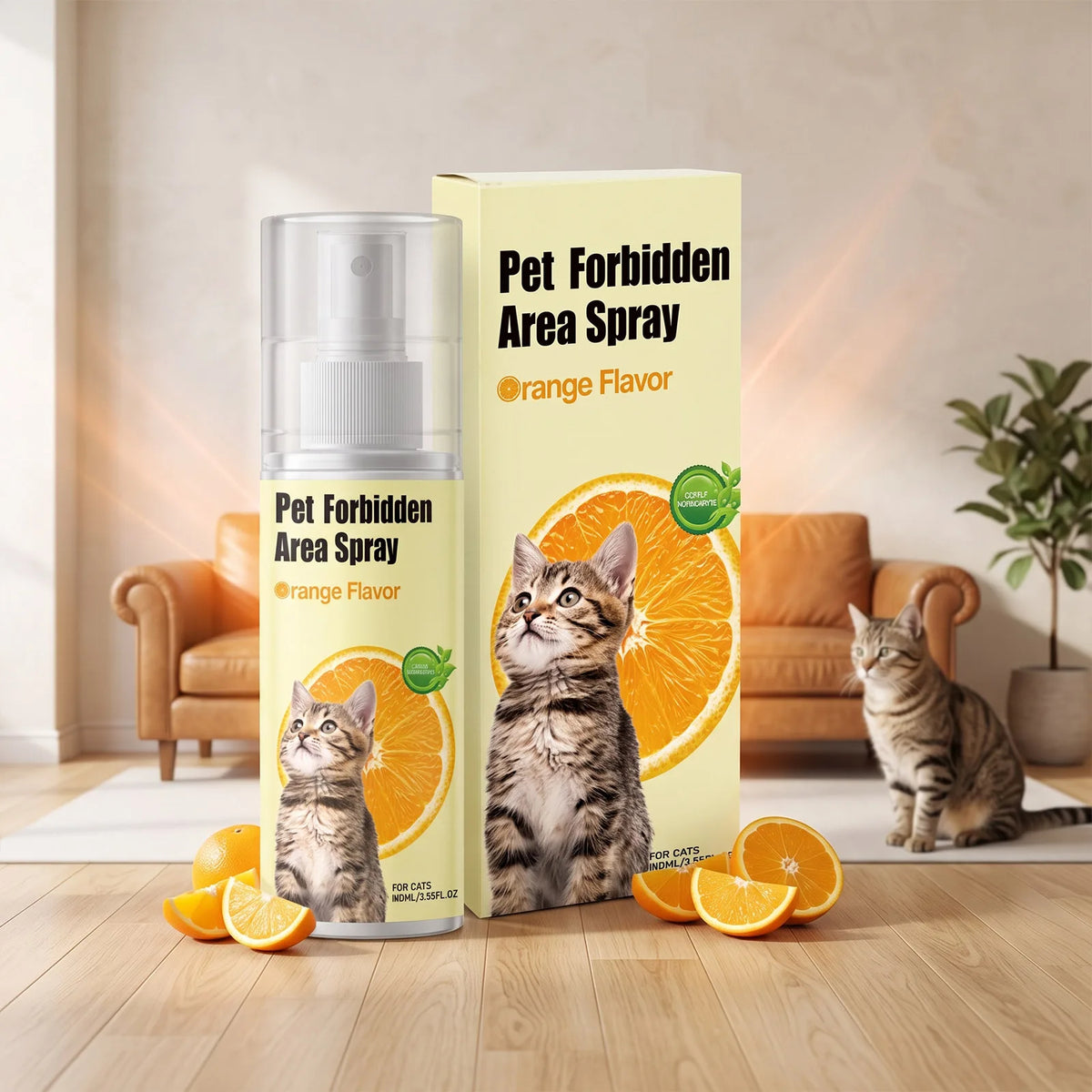 A bottle of Pet Forbidden Area Spray with orange flavor stands next to a box, surrounded by fresh oranges and cats.
