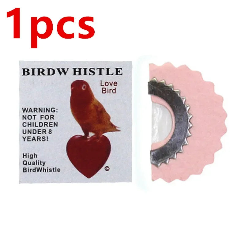 A single pink bird whistle with a black mouthpiece and a warning label for children under 8 years old.