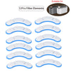 Twelve replacement filter elements for pet water fountains shown in various white and blue silicone shapes