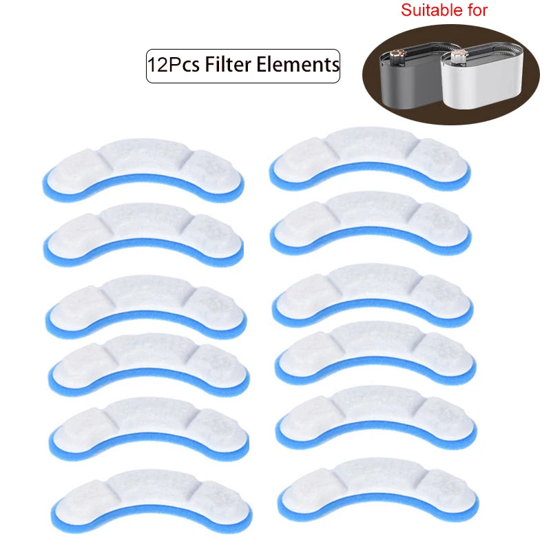 Twelve replacement filter elements for pet water fountains shown in various white and blue silicone shapes