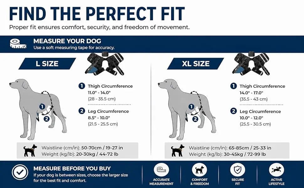 Diagram showing how to measure a dog for a perfect fit using a soft measuring tape for a heavy duty dog rear leg support harn
