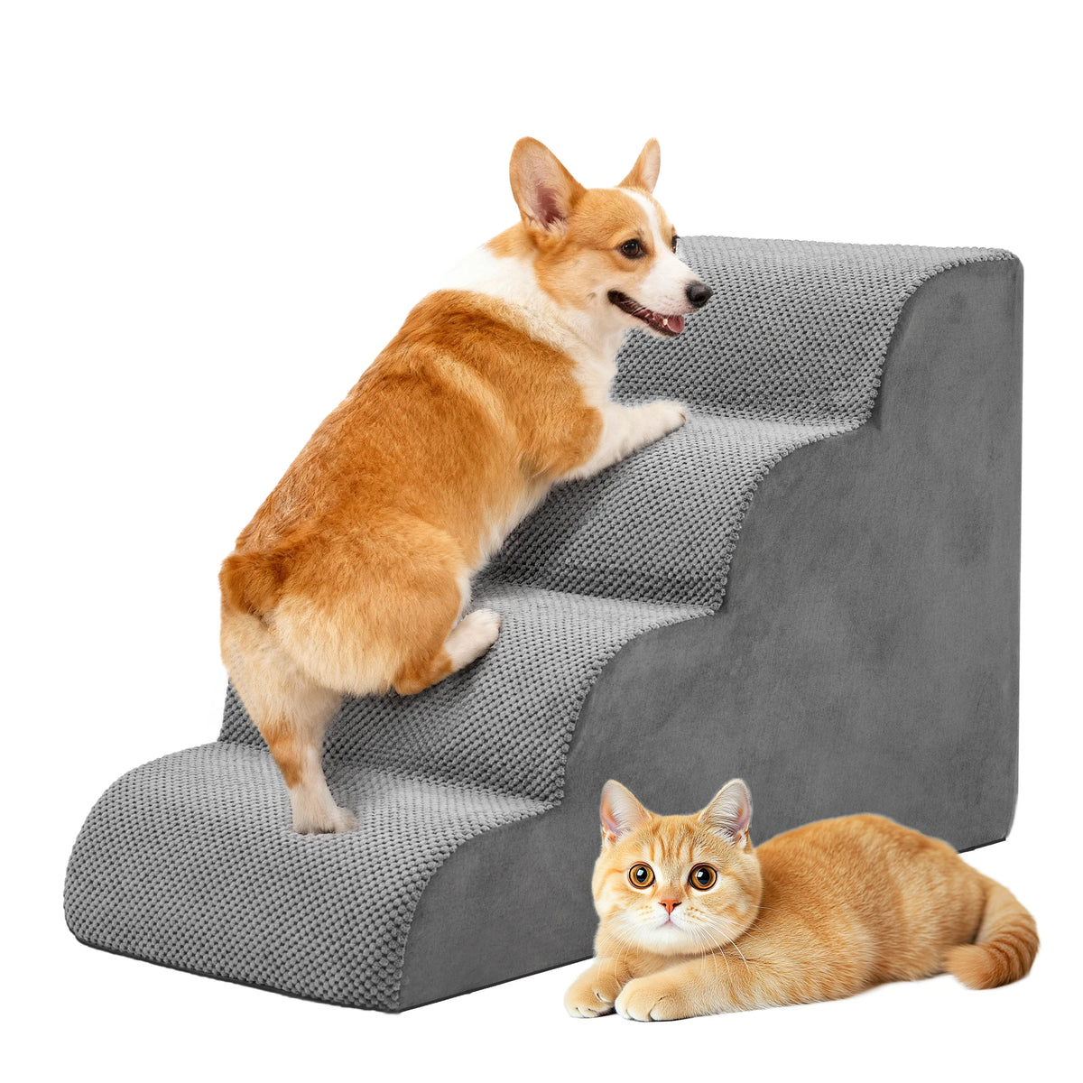 An orange and white dog is climbing a gray foam pet stairs ramp.
