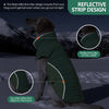 A dog wearing a dark green reflective strip design coat with double reflective strips on the back.