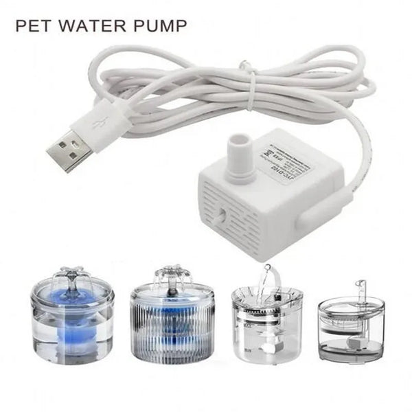 A white submersible pet water pump with a cord and three glass pet water fountains.