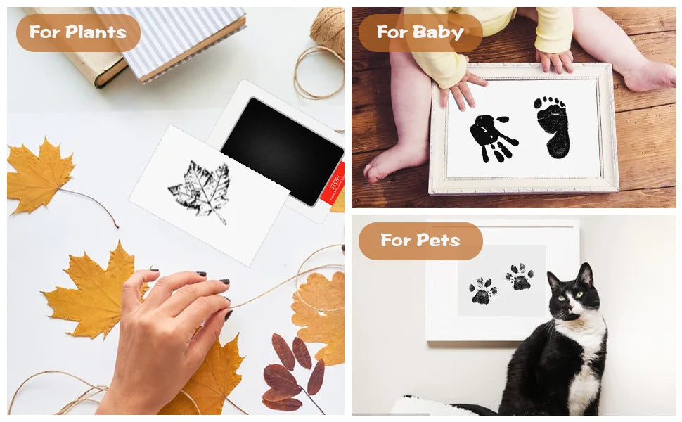 Une collection de quatre kits d'empreintes pour animaux, bébé et plantes, pour souvenirs.