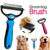 A grooming brush and comb tool is shown next to a dog, demonstrating its use for pet grooming.