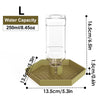Clear glass water dish with a 250ml capacity sitting on a light brown wooden tray.