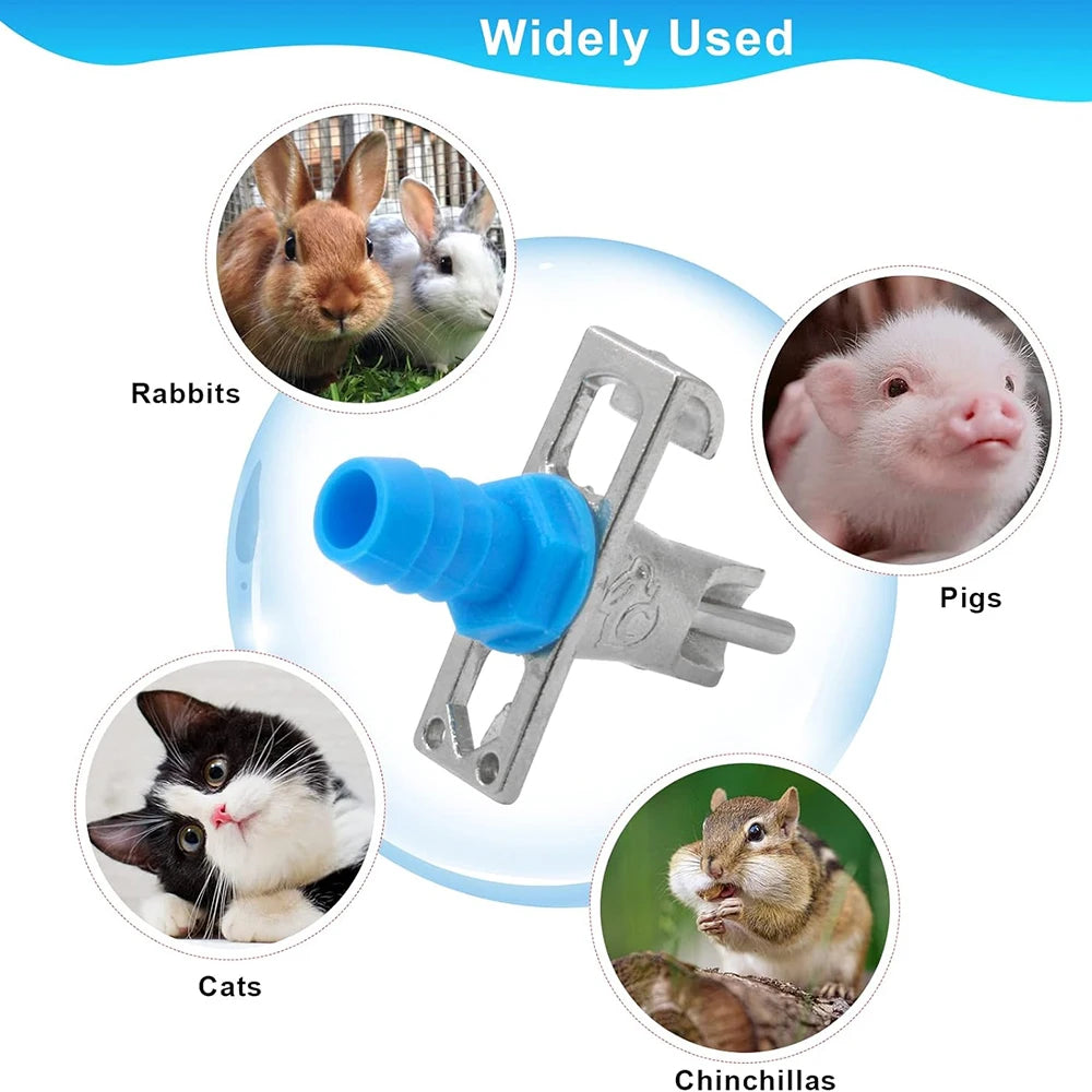A silver plastic automatic nipple waterer kit shown with images of rabbits, pigs, cats, and chinchillas.