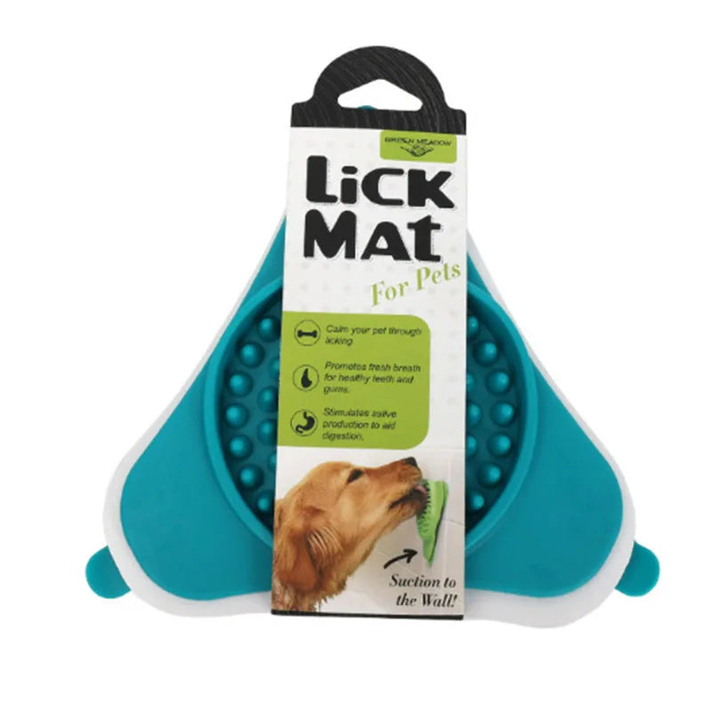 A package of a silicone lick mat for pets with a suction cup, featuring a bright teal color.