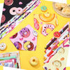 A collection of 100 donut print dog bandanas featuring various holiday and party designs.