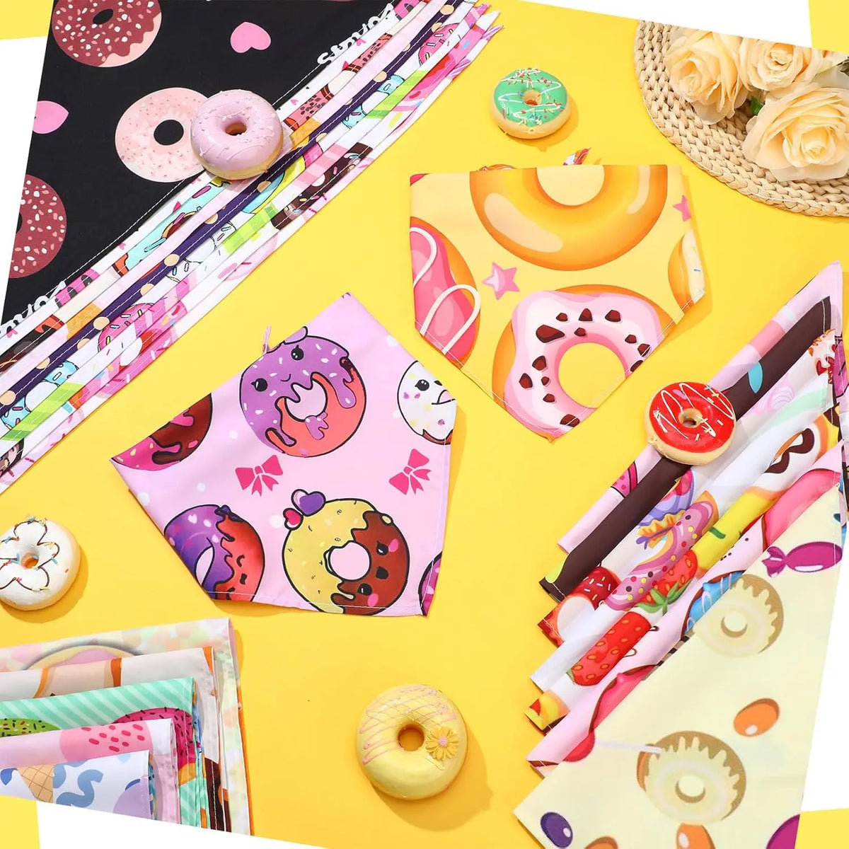 A collection of 100 donut print dog bandanas featuring various holiday and party designs.