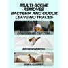 A collage showing the multi-scene removes bacteria and odour leave no traces product used on dog, bedroom beds, and sofa carp