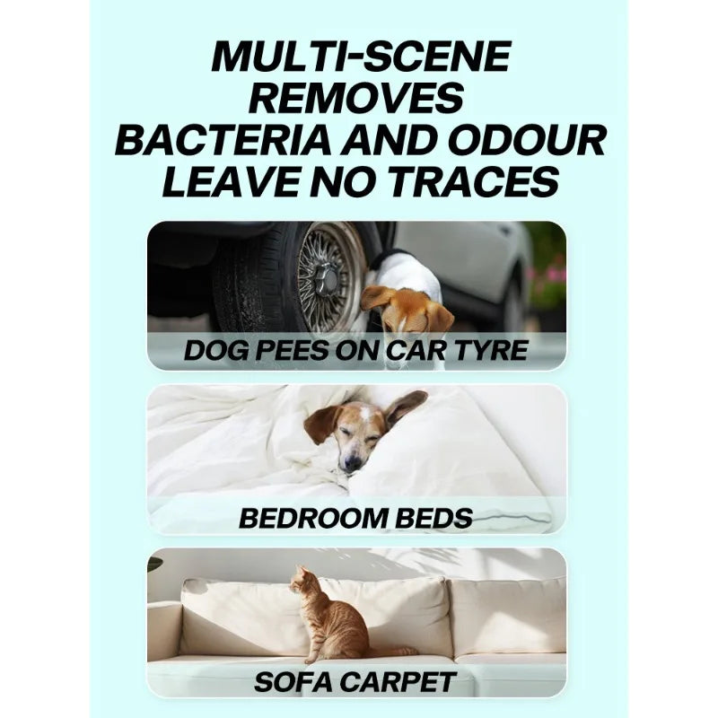 A collage showing the multi-scene removes bacteria and odour leave no traces product used on dog, bedroom beds, and sofa carp