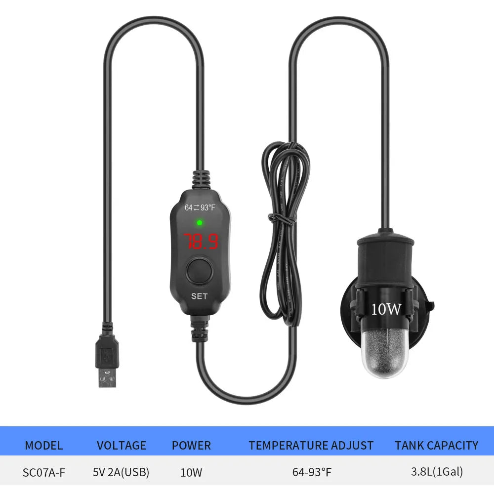 Black adjustable USB aquarium heater with a long cord and 10W power output