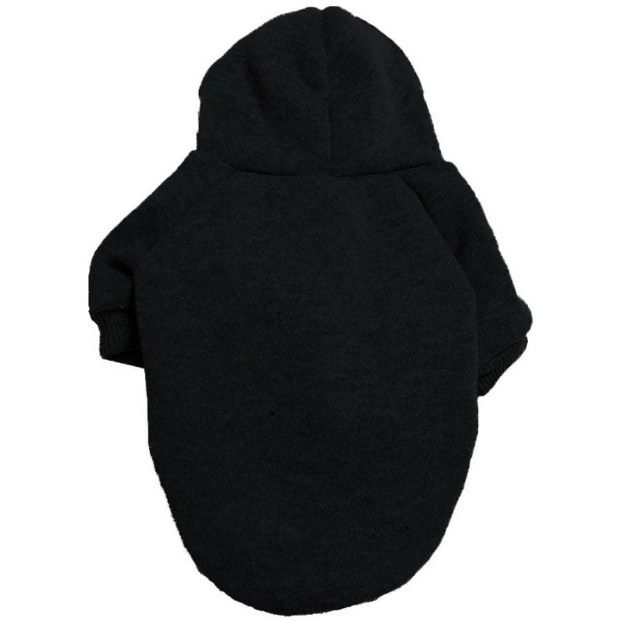 A black hoodie for a dog, shown from the front.